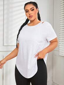 Easithlete Plus Solid Cut Out Curved Hem Sports Tee - White - View 1
