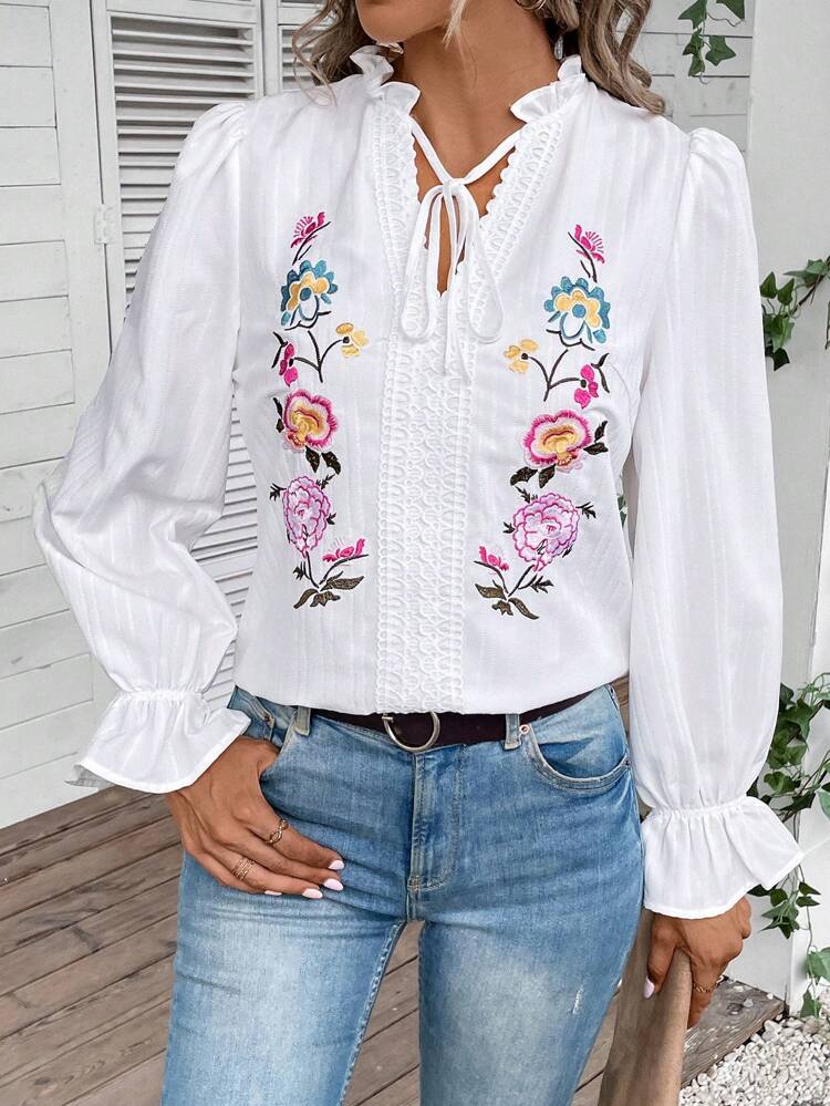 Floral Embroidery Tie Neck Flounce Sleeve Blouse,Casual