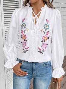 SHEIN LUNE 花卉刺繡繫帶領荷葉袖襯衫 - 白色 - 查看 3
