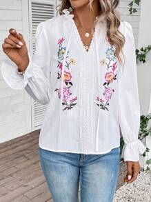 SHEIN LUNE 花卉刺繡繫帶領荷葉袖襯衫 - 白色 - 查看 4