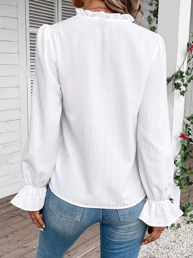 Floral Embroidery Tie Neck Flounce Sleeve Blouse,Casual