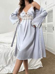 蕾絲拼接腰帶緞面睡袍&吊帶連衣裙睡衣套裝 - 淺灰色 - 查看 1
