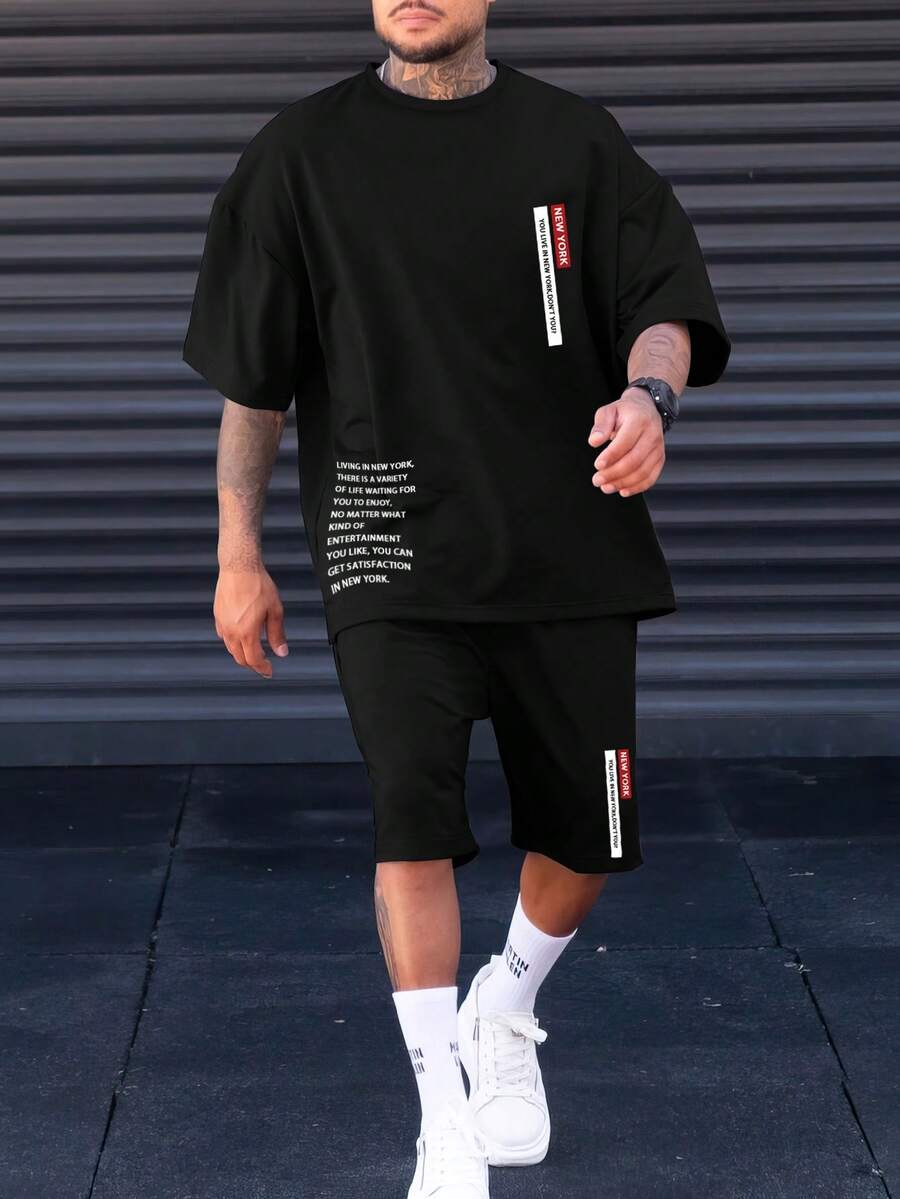 Manfinity Homme Nam Plus Đồ họa Khẩu hiệu Áo thun & quần đùi - màu đen - Xem 1