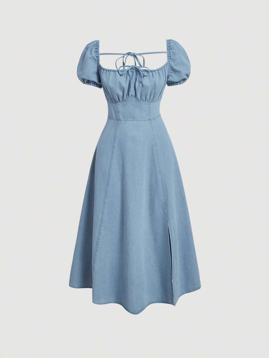 SHEIN MOD Ruched Bust Split Thigh Milkmaid Denim Dress | SHEIN USA