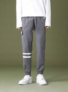 男士條紋印花翻蓋口袋腰部抽繩工裝褲 - 灰色 - 查看 1