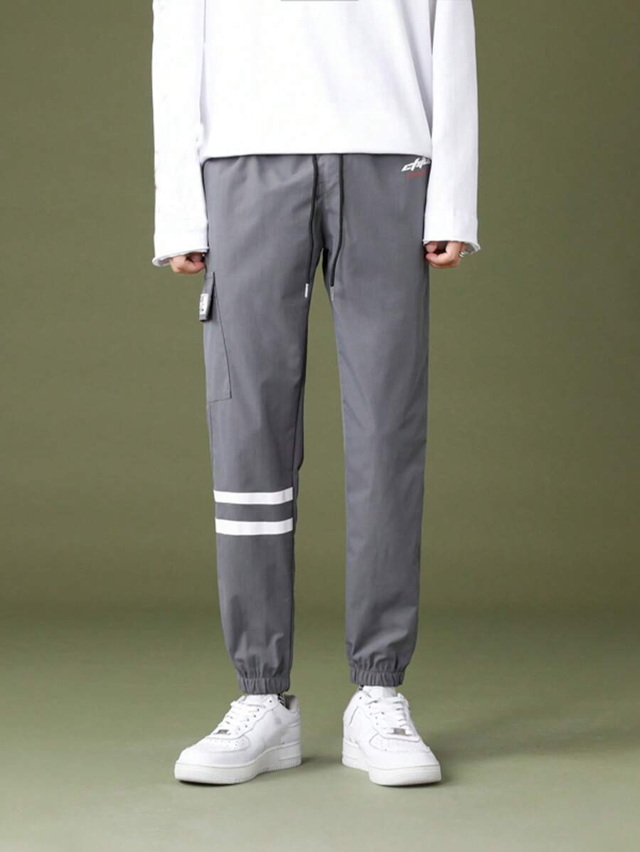 男士條紋印花翻蓋口袋腰部抽繩工裝褲 - 灰色 - 查看 1