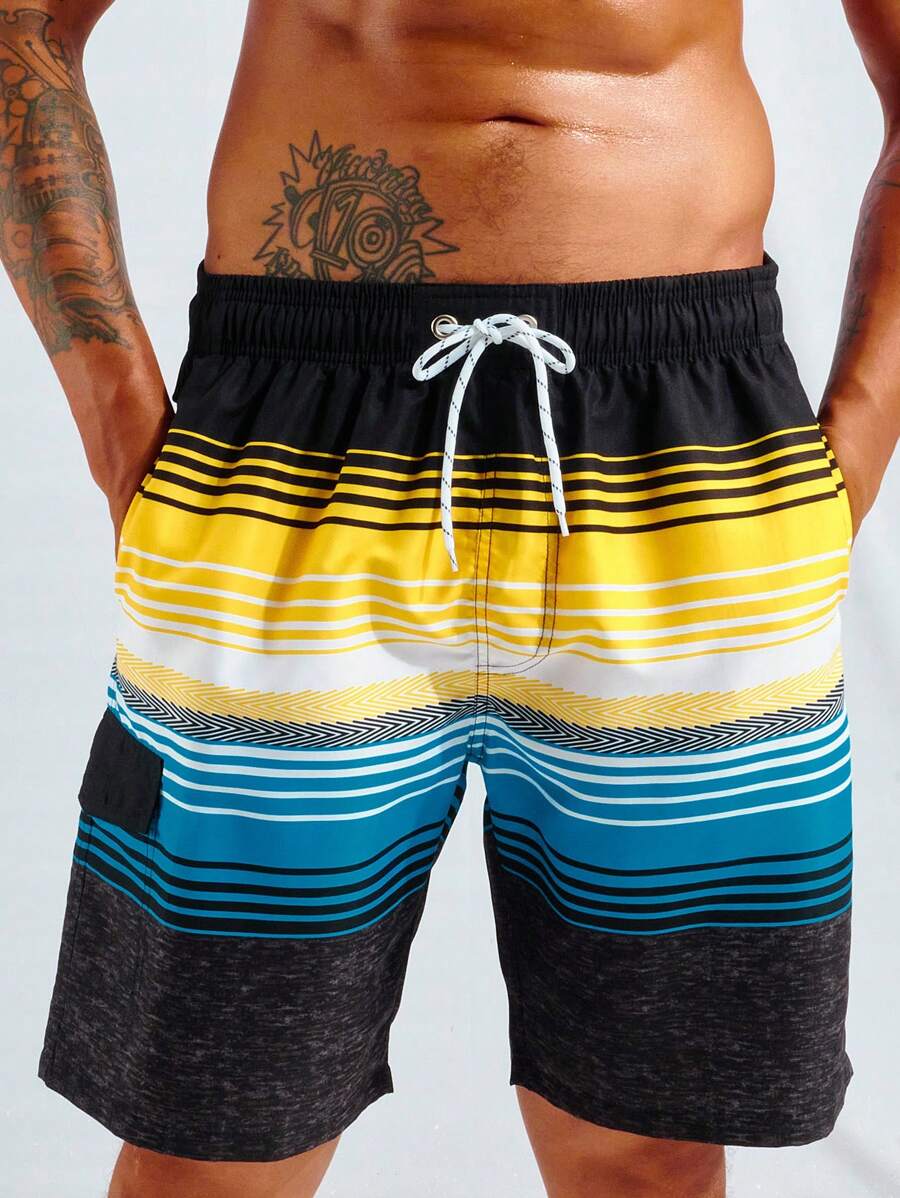 Manfinity Swimmode Men Striped Print Drawstring Waist Swim Trunks - Multicolor - View 1
