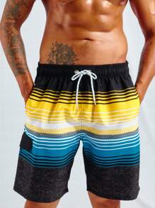 Manfinity Swimmode Men Striped Print Drawstring Waist Swim Trunks - Multicolor - View 3