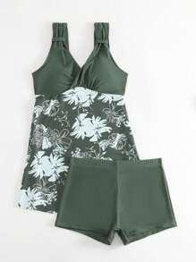 Swim Lushoire Summer Beach Floral Print Shorts Swim Dress - Green - View 5
