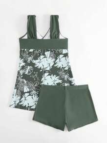 Swim Lushoire Summer Beach Floral Print Shorts Swim Dress - Green - View 6