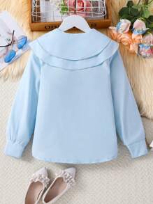 SHEIN 女大童素色前紐扣多層邊襯衫 - 藍色 - 查看 2