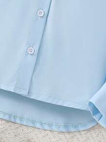 SHEIN 女大童素色前紐扣多層邊襯衫 - 藍色 - 查看 3