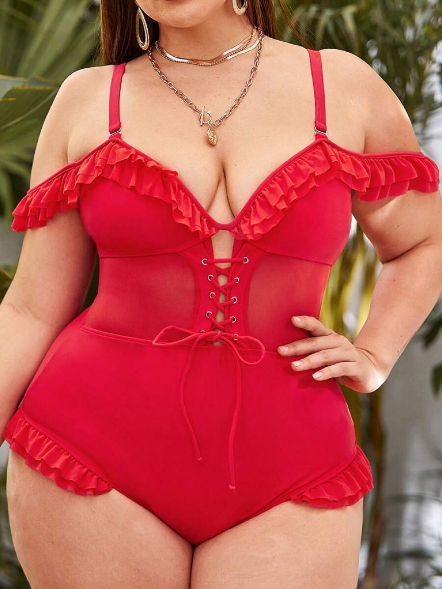 大碼繫帶荷葉邊連體泳衣 - 紅色 - 查看 1