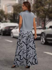 SHEIN Clasi 蝙蝠袖T恤&滿版印花闊腿褲 - 灰色 - 查看 2