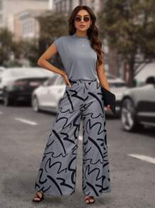 SHEIN Clasi 蝙蝠袖T恤&滿版印花闊腿褲 - 灰色 - 查看 3