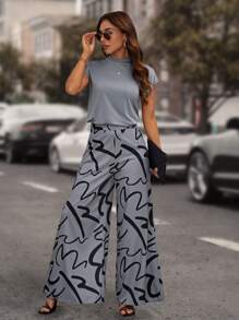 SHEIN Clasi 蝙蝠袖T恤&滿版印花闊腿褲 - 灰色 - 查看 4