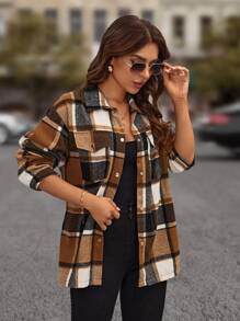 SHEIN LUNE Plaid Print Flap Pocket Drop Shoulder Coat - Multicolor - View 3
