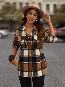 SHEIN LUNE Plaid Print Flap Pocket Drop Shoulder Coat - Multicolor - View 4