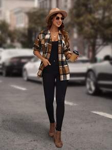 SHEIN LUNE Plaid Print Flap Pocket Drop Shoulder Coat - Multicolor - View 5