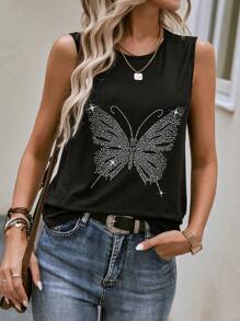 SHEIN LUNE Pha lê Loại bướm Áo ba lỗ - màu đen - Xem 1