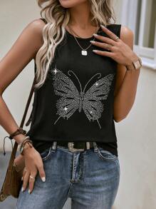 SHEIN LUNE Pha lê Loại bướm Áo ba lỗ - màu đen - Xem 3