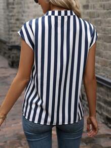 SHEIN LUNE Striped Notched Neck Batwing Sleeve Blouse - Blue and White - View 3