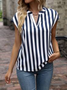 SHEIN LUNE Striped Notched Neck Batwing Sleeve Blouse - Blue and White - View 4