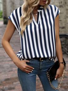 SHEIN LUNE Striped Notched Neck Batwing Sleeve Blouse - Blue and White - View 5
