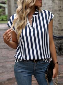 SHEIN LUNE Striped Notched Neck Batwing Sleeve Blouse - Blue and White - View 6