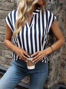 SHEIN LUNE Striped Notched Neck Batwing Sleeve Blouse - Blue and White - View 7