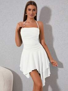 PARTHEA Ruched Asymmetrical Hem Tie Backless Ruched Halter Dress - White - View 4