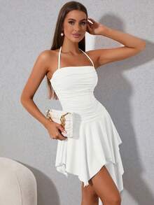 PARTHEA Ruched Asymmetrical Hem Tie Backless Ruched Halter Dress - White - View 6