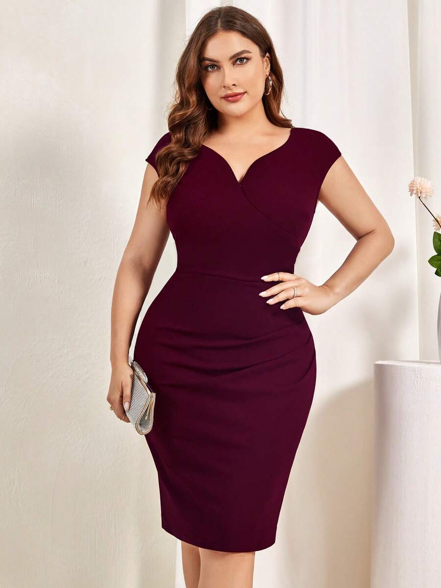 MIUSOL Vestido de trabajo ajustado de escote de corazón talla grande - Burdeos - Ver 1