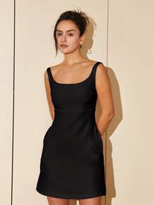 素色大圓領連衣裙 - 黑色 - 查看 5