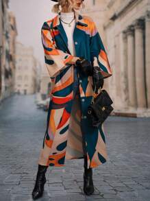 SHEIN LUNE Allover Print Drop Shoulder Overcoat Fall Winter Cloth For Women - Multicolor - View 5