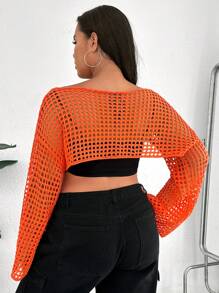 SHEIN EZwear Plus Hollow Out Drop Shoulder Crop Sweater Without Tube Top - Orange - View 2