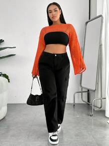 SHEIN EZwear Plus Hollow Out Drop Shoulder Crop Sweater Without Tube Top - Orange - View 3