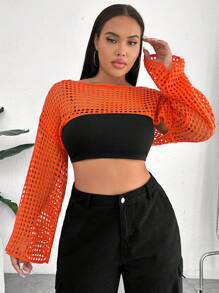 SHEIN EZwear Plus Hollow Out Drop Shoulder Crop Sweater Without Tube Top - Orange - View 4