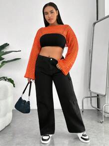 SHEIN EZwear Plus Hollow Out Drop Shoulder Crop Sweater Without Tube Top - Orange - View 5