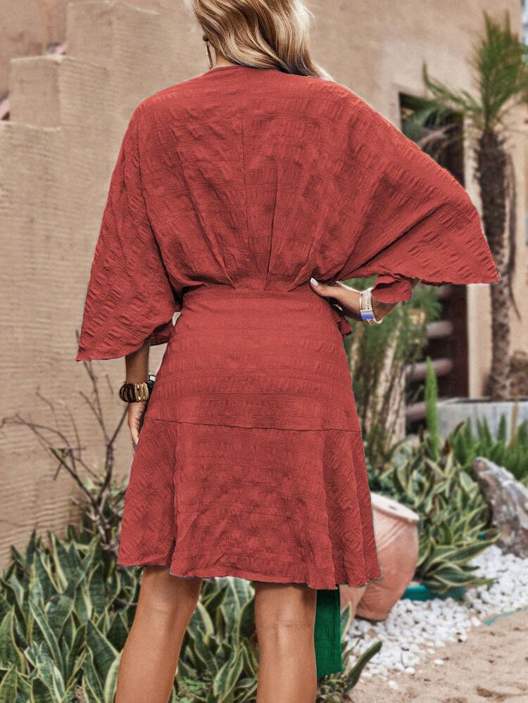 Batwing Sleeve Knot Side Wrap Dress Wrap Dress Womenwrap Around Dressrust Dresswomen Holiday Dress