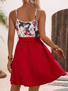 SHEIN VCAY Vestido de tirantes con estampado tropical con cinturón - Burdeos - Ver 2