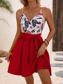 SHEIN VCAY Vestido de tirantes con estampado tropical con cinturón - Burdeos - Ver 1