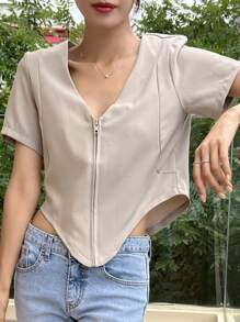 Dazy Designer Chất rắn Dây kéo Viền không đối xứng Áo sơ mi Crop - Xám - Xem 5