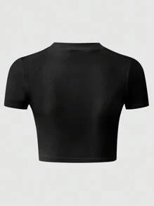 SHEIN Unity Women's Fashionable Sexy Letter Graphic Short Sleeve Cropped T-Shirt, Summer - Black - View 2