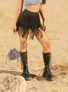 SHEIN SXY 流蘇下擺覆蓋短褲不附腰帶 - 黑色 - 查看 1