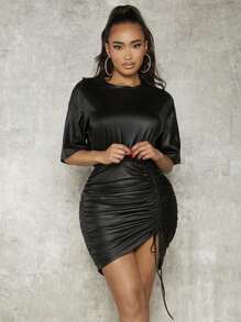SHEIN SXY Drawstring Ruched Drop Shoulder Bodycon Dress - Black - View 6