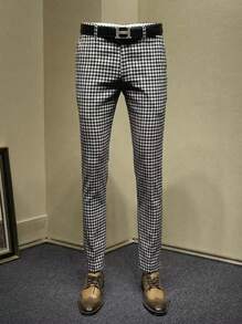 Manfinity Mode Men Houndstooth Print Slant Pocket Suit Pants - White - View 4