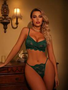 Floral Lace Underwire Lingerie Set - Dark Green - View 6
