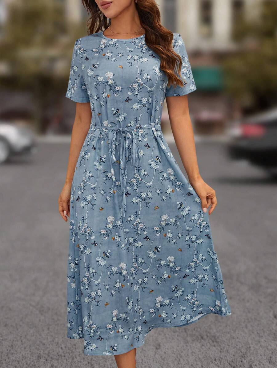 SHEIN LUNE Floral Print Knot Front Dress - Blue - View 1