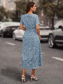 SHEIN LUNE Floral Print Knot Front Dress - Blue - View 2